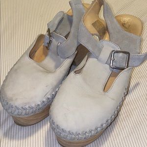 Leather buckled wooden heels